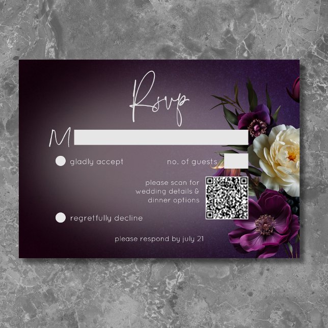Dark Moody Lila Lavender Floral Modern QR Code RSVP Karte (Dark Moody Purple & Lavender Floral Modern QR Code RSVP Card)