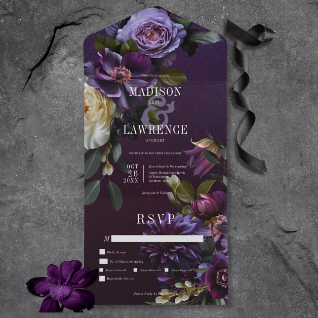 Dark Moody Lila & White Floral Dinner All In One Einladung (Dark Moody Purple & White Floral All In One Wedding Invitation with Dinner Options)