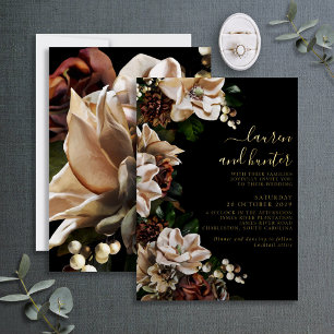Dark Moody Magnolia Script Floral Wedding Gold Folieneinladung