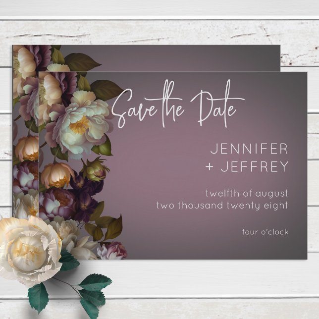 Dark Moody Mauve Floral Modern Save the Date Card (Von Creator hochgeladen)