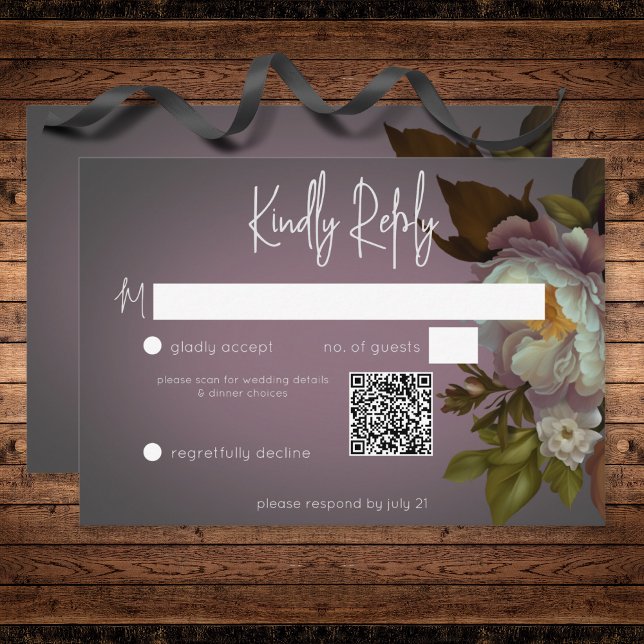 Dark Moody Mauve Floral Modern Wedding QR Code RSVP Karte (Dark Moody Mauve Floral Modern Wedding QR Code RSVP Card)