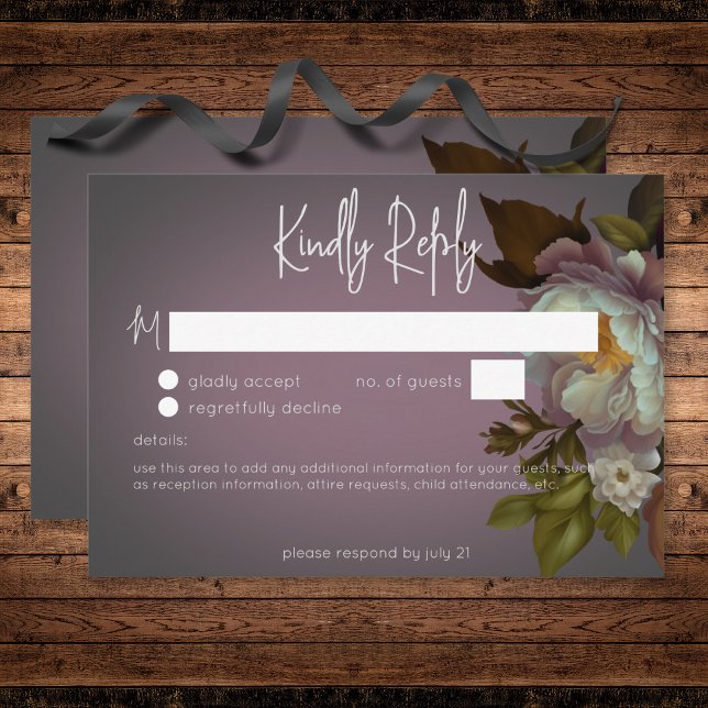 Dark Moody Mauve Floral Moderne Hochzeit kein Aben RSVP Karte (Dark Moody Mauve Floral Modern Wedding No Dinner RSVP Card)