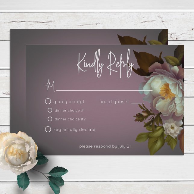 Dark Moody Mauve Floral Moderne Hochzeit RSVP Karte (Von Creator hochgeladen)