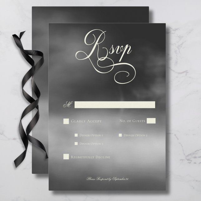 Dark Moody Midnight Black Fog Wedding Dinner RSVP Karte (Dark Moody Midnight Black Fog Wedding Dinner RSVP Card)