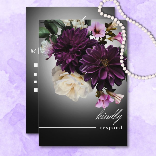 Dark Moody Midnight Lila Floral Romance Dinner RSVP Karte (Dark Moody Midnight Purple Floral Romance Dinner RSVP Card)