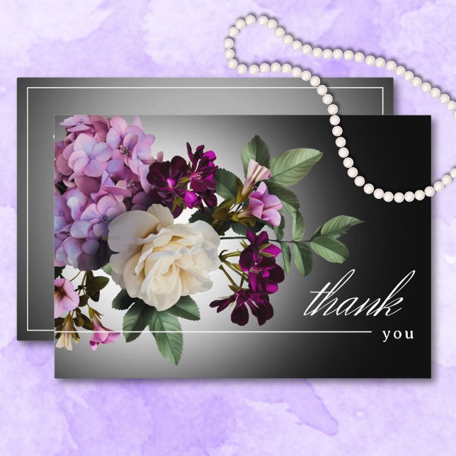 Dark Moody Midnight Lila Floral Romance Wedding Dankeskarte (Dark Moody Midnight Purple Floral Romance Wedding Thank You Card)
