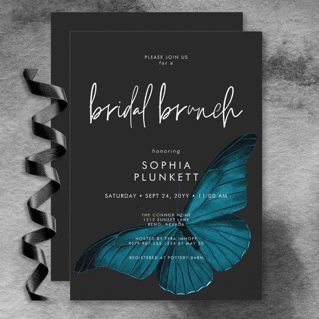 Dark Moody Minimal Aquamarin Moth Bridal Brunch Einladung (Dark Moody Minimal Teal Moth Bridal Brunch Invitation)