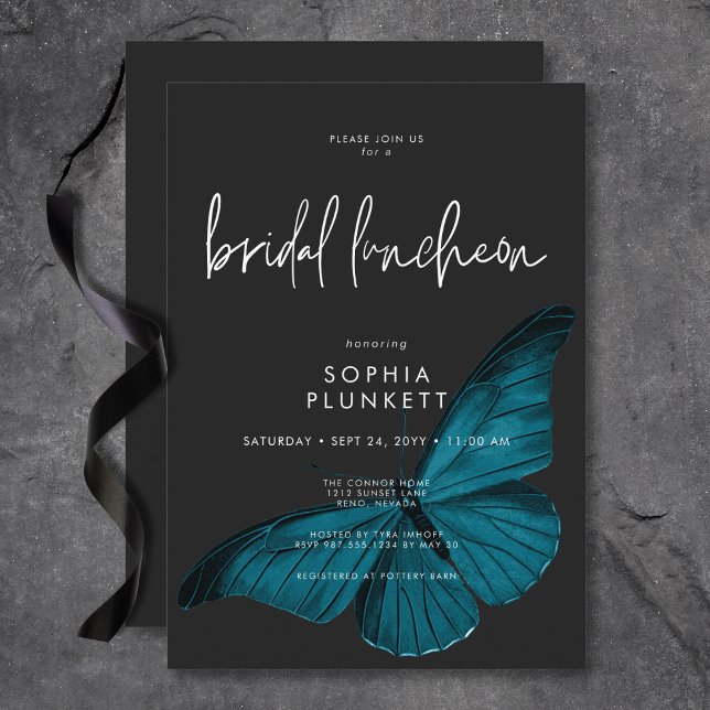 Dark Moody Minimal Aquamarin Moth Bridal Luncheon Einladung (Dark Moody Minimal Teal Moth Bridal Luncheon Invitation)