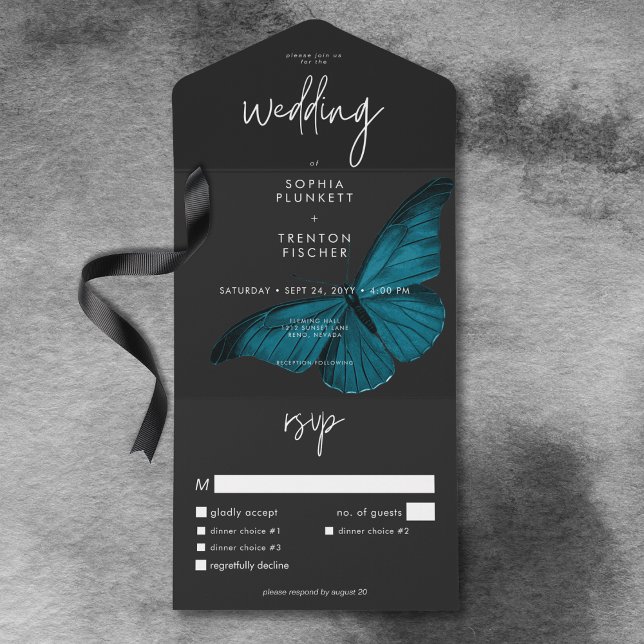 Dark Moody Minimal Aquamarin Moth Dinner Hochzeit All In One Einladung (Dark Moody Minimal Teal Moth Dinner Wedding All In One Invitation)