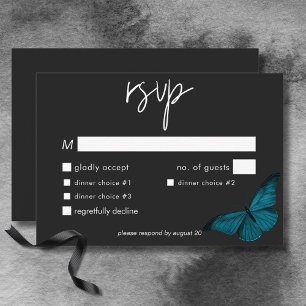 Dark Moody Minimal Aquamarin Moth Wedding Dinner RSVP Karte