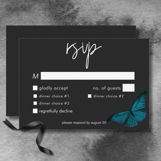 Dark Moody Minimal Aquamarin Moth Wedding Dinner RSVP Karte (Dark Moody Minimal Teal Moth Wedding Dinner RSVP Card)