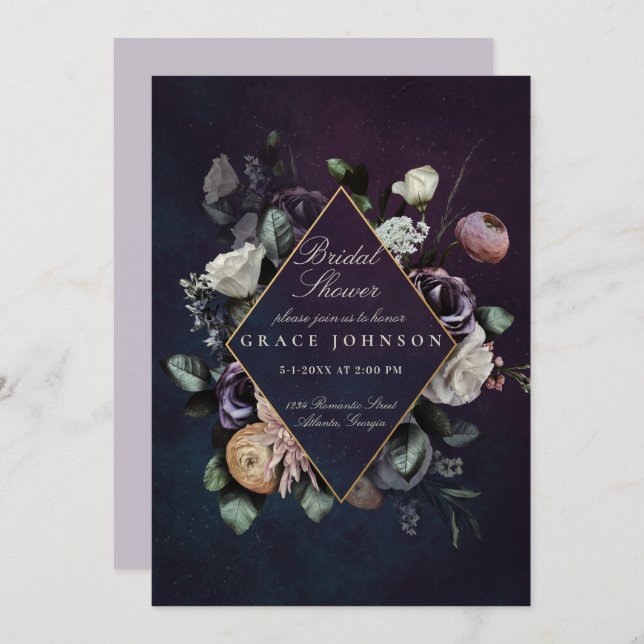 Dark Moody Night Floral Wedding Brautparty Einladung (Vorne/Hinten)