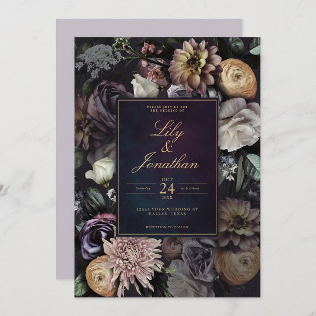 Dark Moody Night Lila Lavender Floral Wedding Einladung (Vorne/Hinten)