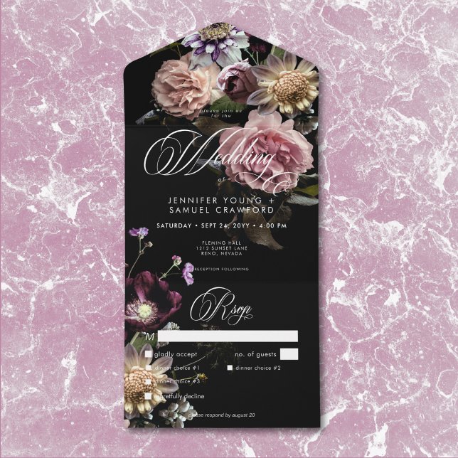 Dark Moody Pastel Opulent Floral Black Dinner All In One Einladung (Dark Moody Pastel Opulent Black Floral Details All In One Invitation)