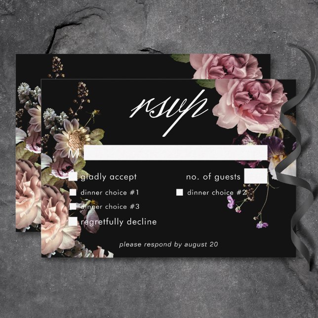 Dark Moody Pastel Opulent Floral Black Dinner RSVP Karte (Dark Moody Pastel Opulent Floral Black Dinner RSVP Card)