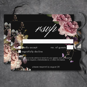 Dark Moody Pastel Opulent Floral Black No Dinner RSVP Karte