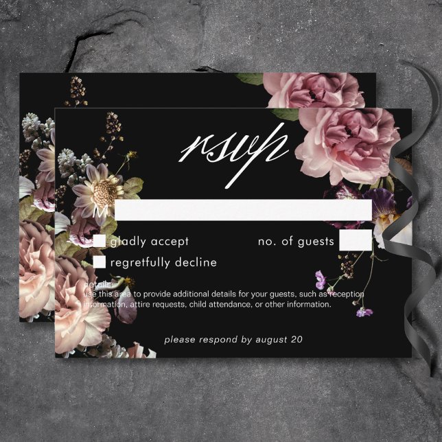 Dark Moody Pastel Opulent Floral Black No Dinner RSVP Karte (Dark Moody Pastel Opulent Floral Black No Dinner RSVP Card)