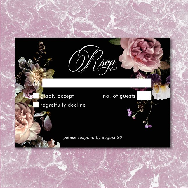 Dark Moody Pastel Opulent Floral Black No Dinner RSVP Karte (Dark Moody Pastel Opulent Floral Black QR Code RSVP Card)