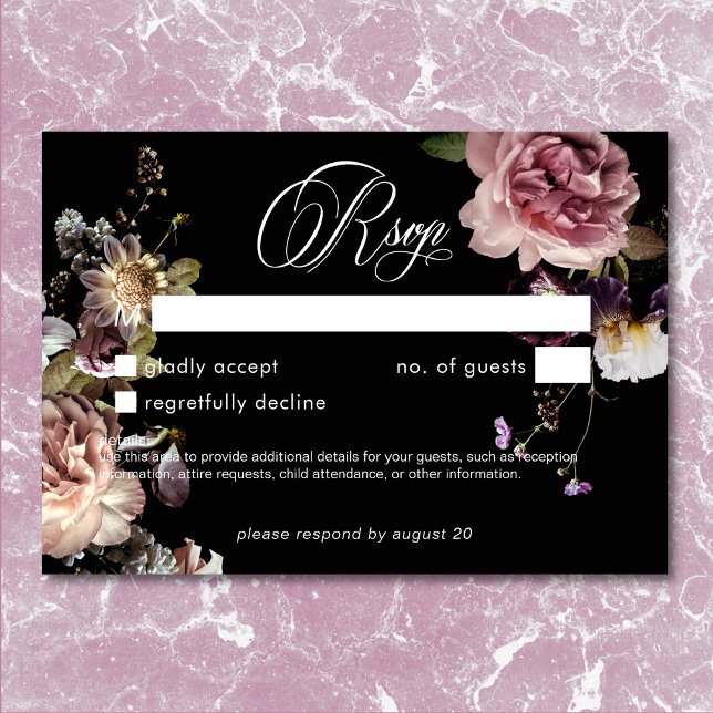 Dark Moody Pastel Opulent Floral Black No Dinner RSVP Karte (Dark Moody Pastel Opulent Floral Black No Dinner)