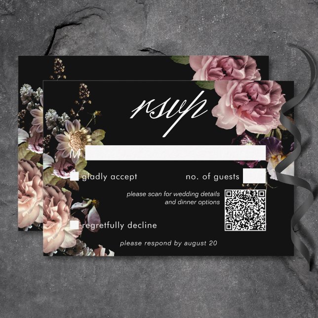 Dark Moody Pastel Opulent Floral Black QR Code RSVP Karte (Dark Moody Pastel Opulent Floral Black QR Code RSVP Card)