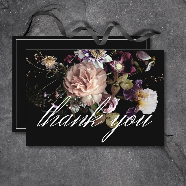 Dark Moody Pastel Opulent Floral Black Wedding Dankeskarte (Dark Moody Pastel Opulent Floral Black Wedding Thank You Card)