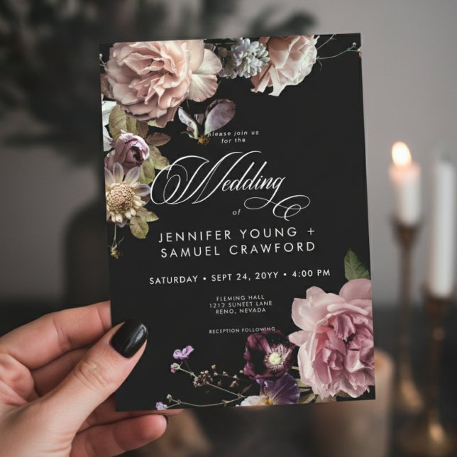 Dark Moody Pastel Opulent Floral Black Wedding Einladung (Von Creator hochgeladen)