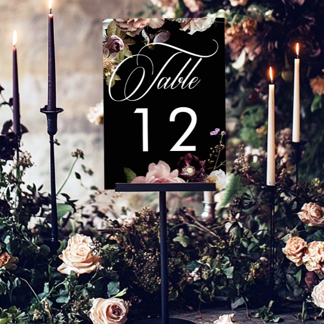 Dark Moody Pastel Opulent Floral Black Wedding Tischnummer (Von Creator hochgeladen)
