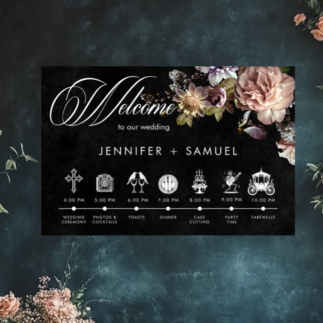 Dark Moody Pastel Opulent Floral Order of Events Poster (Von Creator hochgeladen)