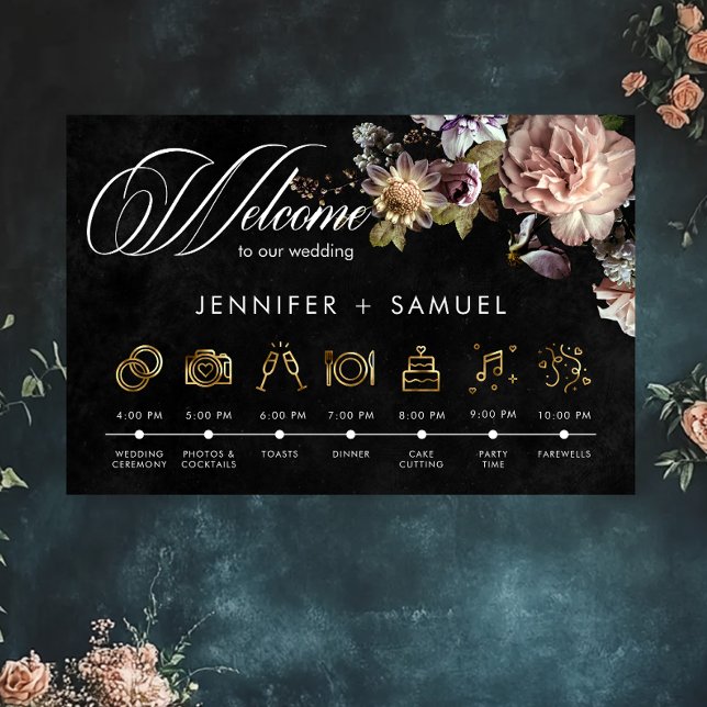 Dark Moody Pastel Opulent Floral Order of Events Poster (Von Creator hochgeladen)