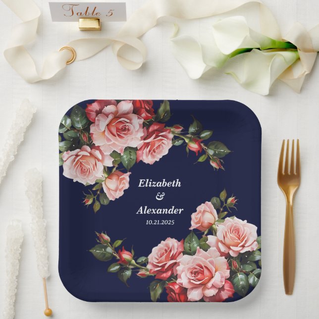 Dark moody pink and red roses navy blue wedding pappteller (Hochzeit)