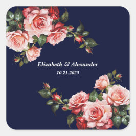 Dark moody pink and red roses navy blue wedding quadratischer aufkleber