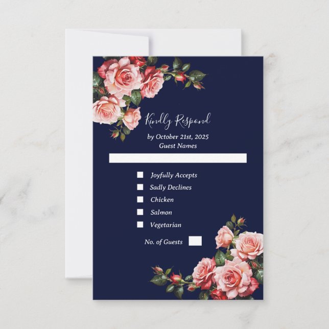 Dark moody pink and red roses navy blue wedding RSVP karte (Vorderseite)