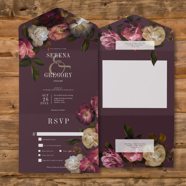 Dark Moody Pink Burgundy & Cream Peonies Dinner All In One Einladung (Dark Moody Pink Burgundy & Cream Peonies All In One Wedding Invitation with Dinner Options)