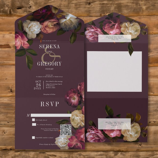 Dark Moody Pink Burgundy & Cream Peonies QR Code All In One Einladung (Dark Moody Pink Burgundy & Cream Peonies All In One Wedding Invitation with QR Code)