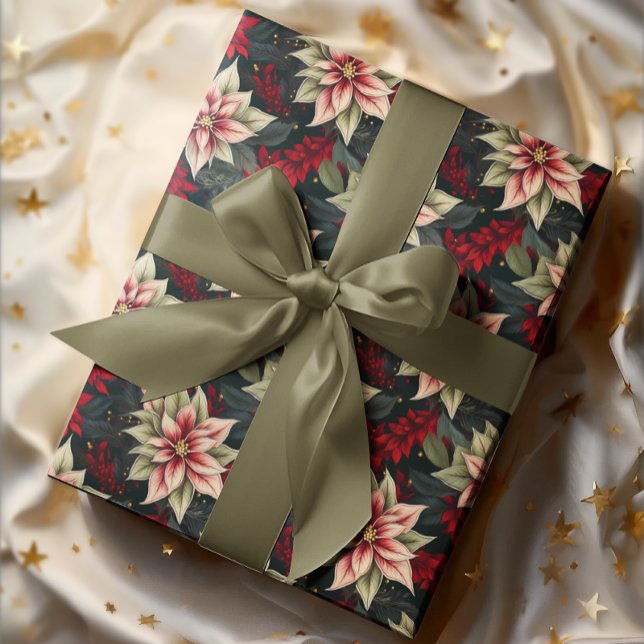 Dark Moody Poinsettia Floral Winter Holiday Geschenkpapier (Elegant Dark and Moody Poinsettia Floral Christmas and Winter Holiday Wrapping Paper)