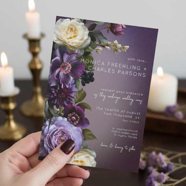 Dark Moody Purple Lavender Floral Modern Wedding Einladung (Von Creator hochgeladen)
