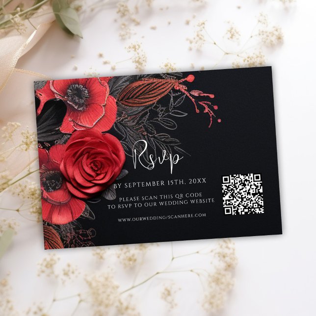 Dark Moody QR Code Floral Wedding RSVP Karte (Dark Moody QR Code Floral Wedding RSVP Card)