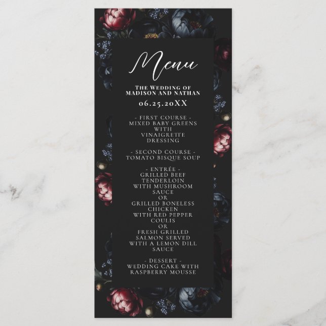 Dark Moody Romantic Black Peony Gothic Wedding Menükarte (Vorderseite)