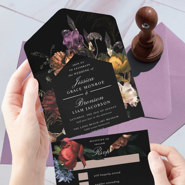Dark Moody Romantic Floral Dutch Painterly Wedding All In One Einladung (Von Creator hochgeladen)