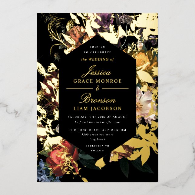 Dark Moody Romantic Floral Dutch Painterly Wedding Folieneinladung (Vorderseite)