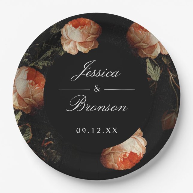 Dark Moody Romantic Floral Dutch Painterly Wedding Pappteller (Vorderseite)