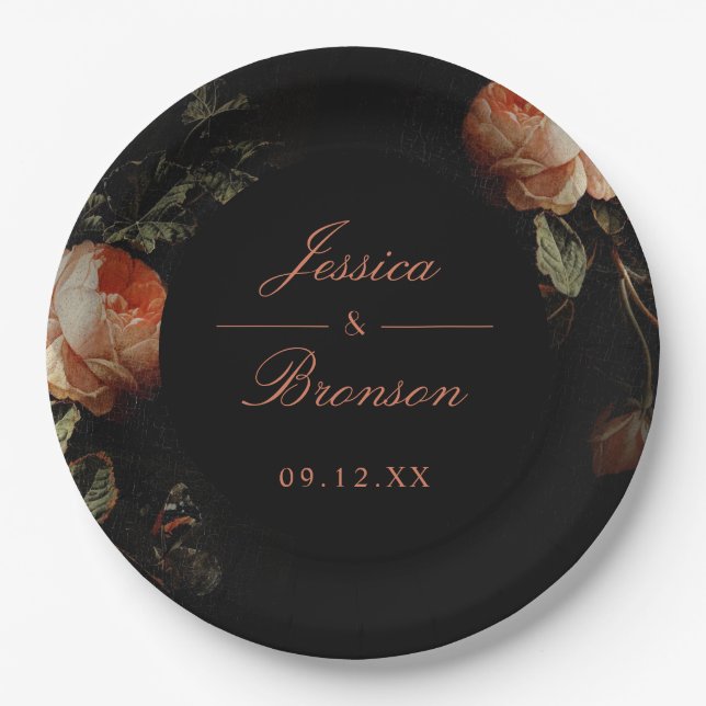 Dark Moody Romantic Floral Dutch Painterly Wedding Pappteller (Vorderseite)