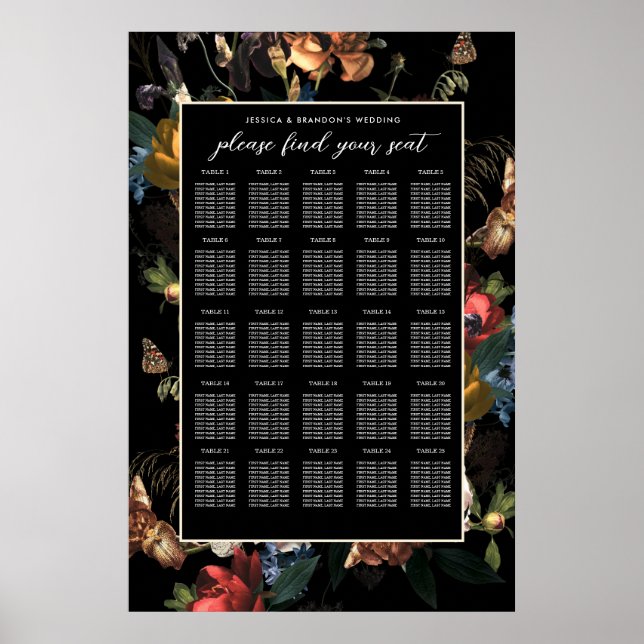 Dark Moody Romantic Floral Dutch Wedding Seating Poster (Vorne)