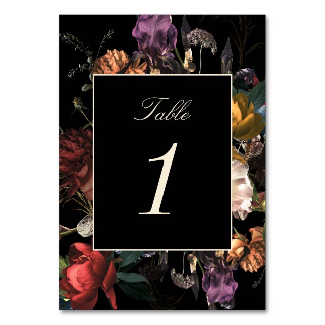 Dark Moody Romantic Floral Dutch Wedding Tischnummer (Vorderseite)