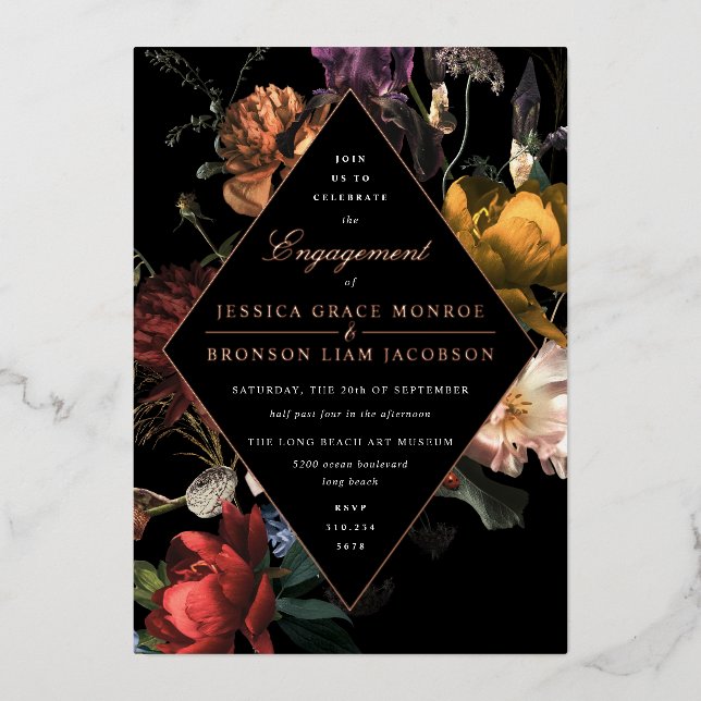 Dark Moody Romantic Floral Engagement Party Folieneinladung (Vorderseite)
