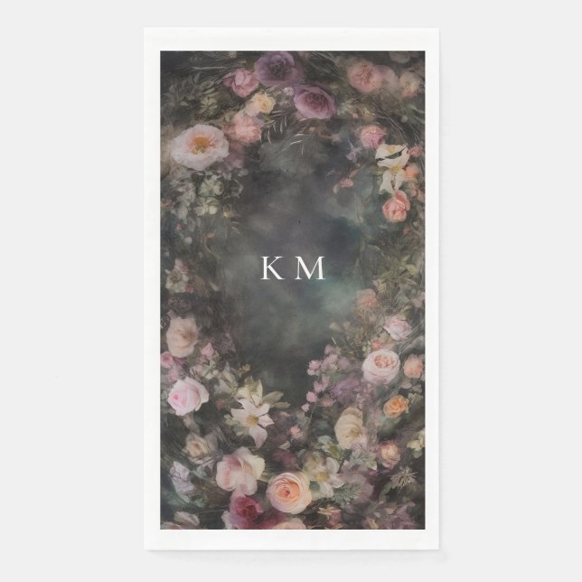 Dark Moody Romantic Floral Monogram Wedding Serviette (Vorderseite)