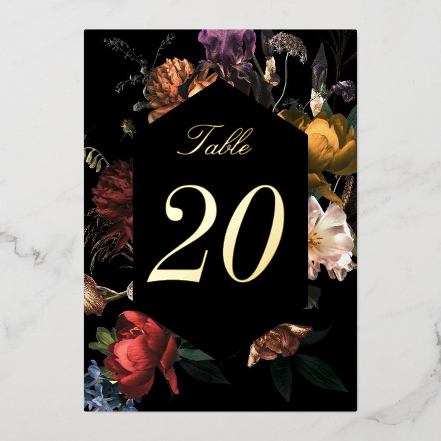 Dark Moody Romantic Floral Rose Foil Tischnummern (Vorderseite)
