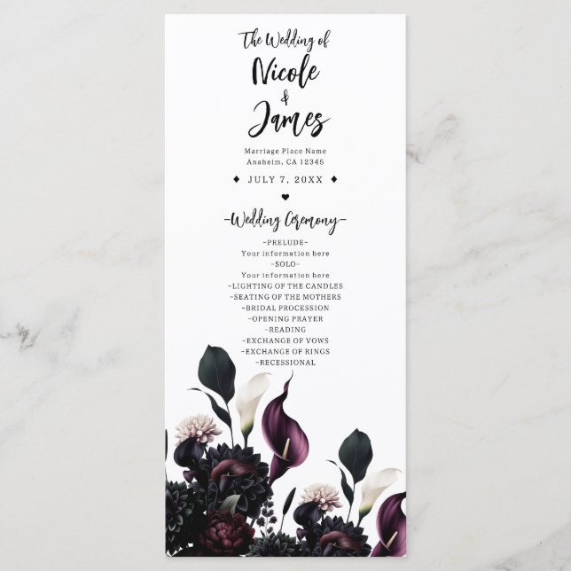 Dark Moody Romantic Floral Wedding Program Programm (Vorderseite)