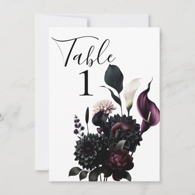 Dark Moody Romantic Floral Wedding Tischnummer (Vorderseite)