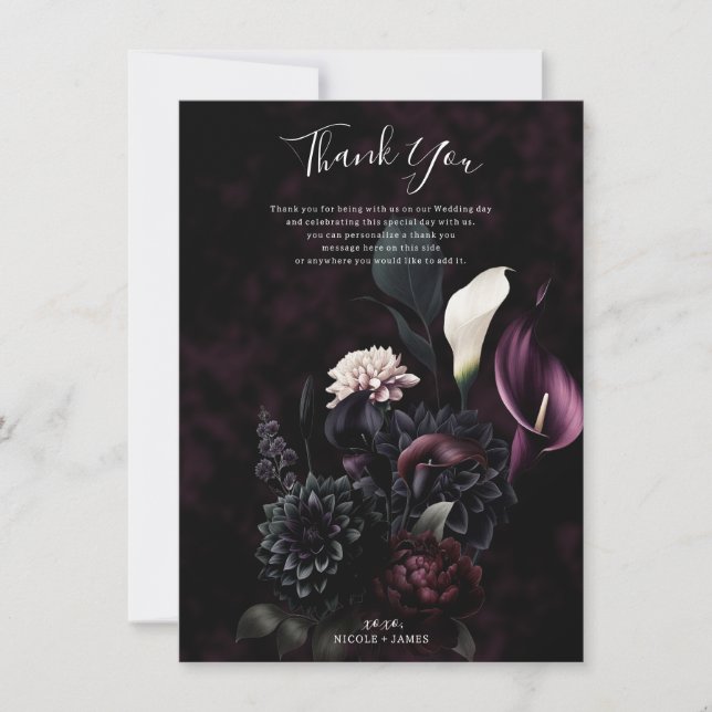 Dark Moody Romantic Floral Wedding Vielen Dank Einladung (Vorderseite)